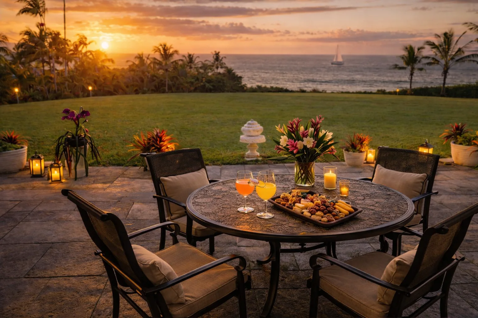 Ocean-view patio set for a small gathering at sunset