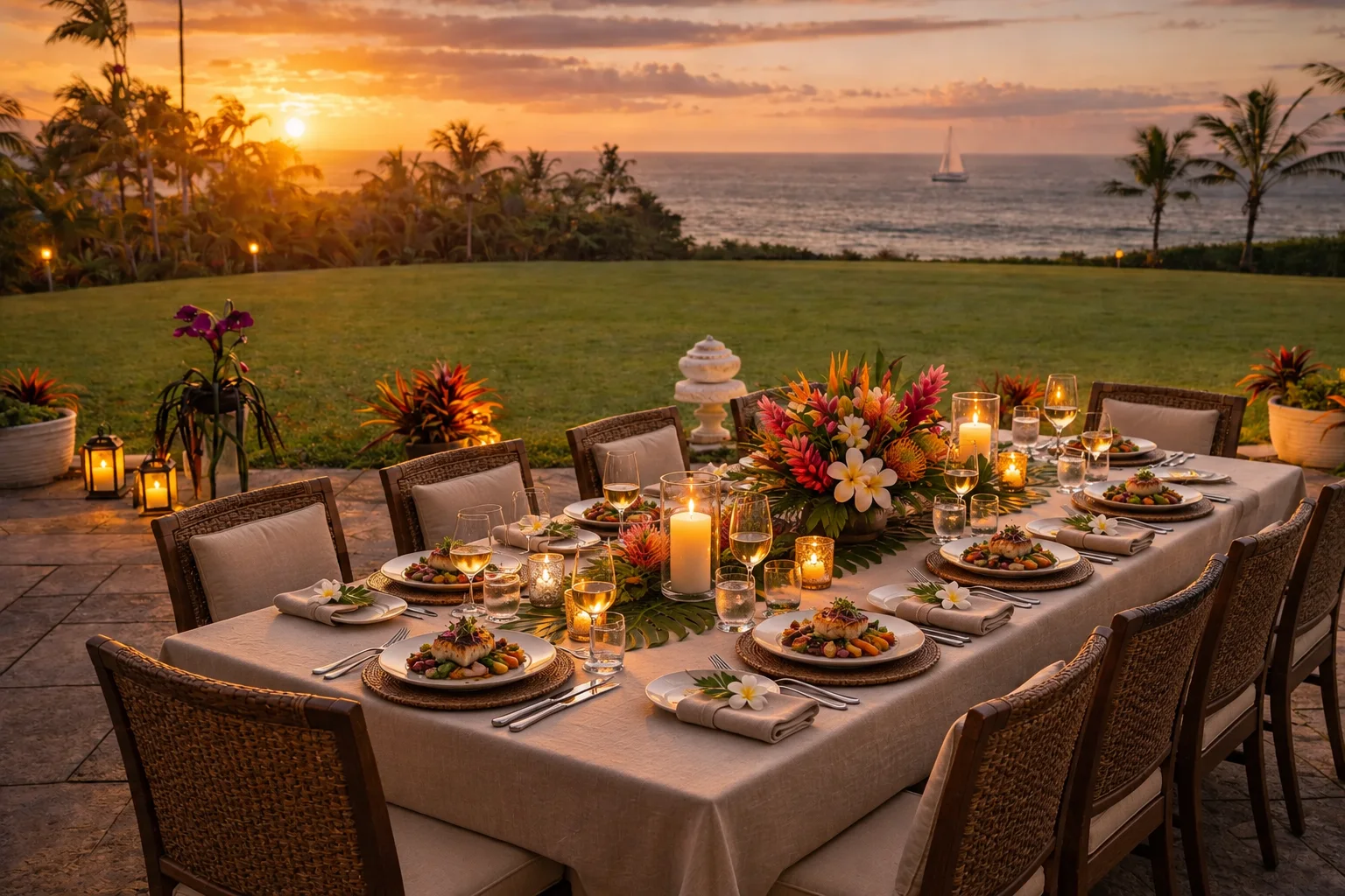 Illustrative banquet table setting on a tropical ocean-view patio at sunset